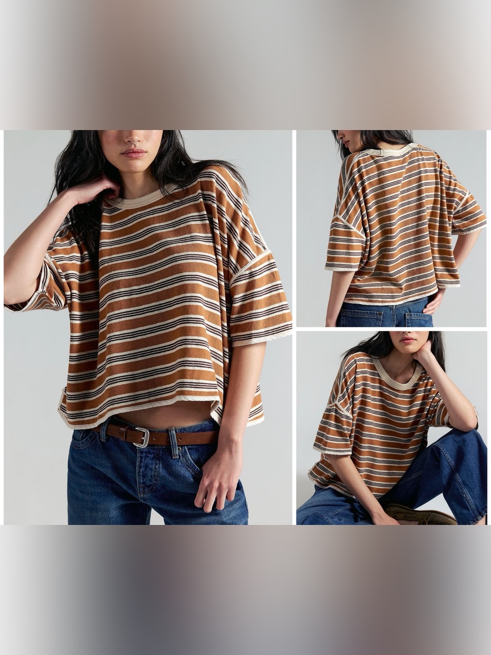 NWOT Free People We The Free Clean Rugby Tee - almond combo brown - XS *IR*